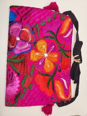 Mexican Embroidered Floral Clutch Bag with Tassles